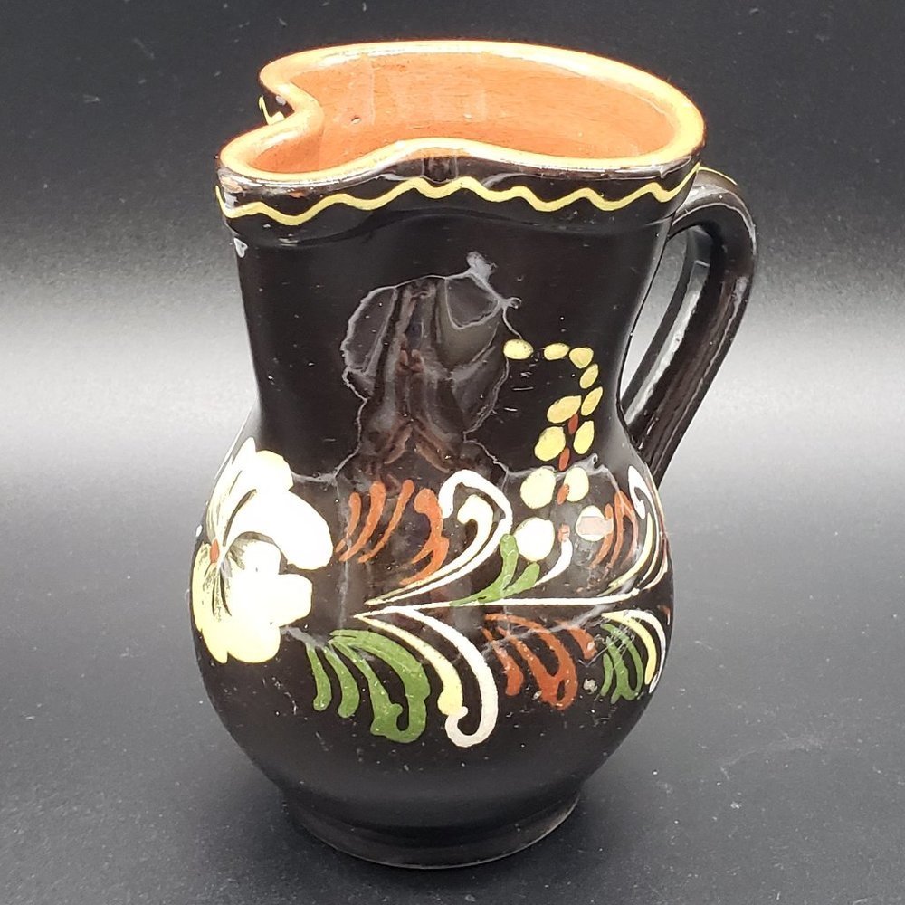 HUNGARIAN Redware Hand Painted Brown Floral Beige Green Glazed Handled Pitcher - Picture 1 of 11